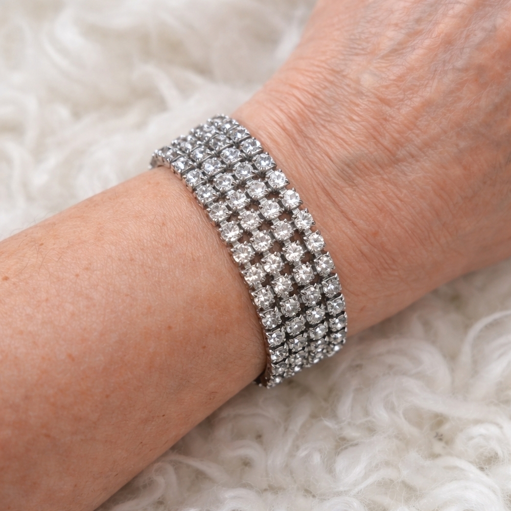 Vintage Silver Tone Multi-Row Rhinestone Bracelet Old Hollywood Glam